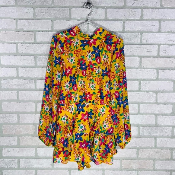 Endless Rose Vivi Yellow  Floral Print Long Sleeve Open Back Romper Size XS - Picture 5 of 12